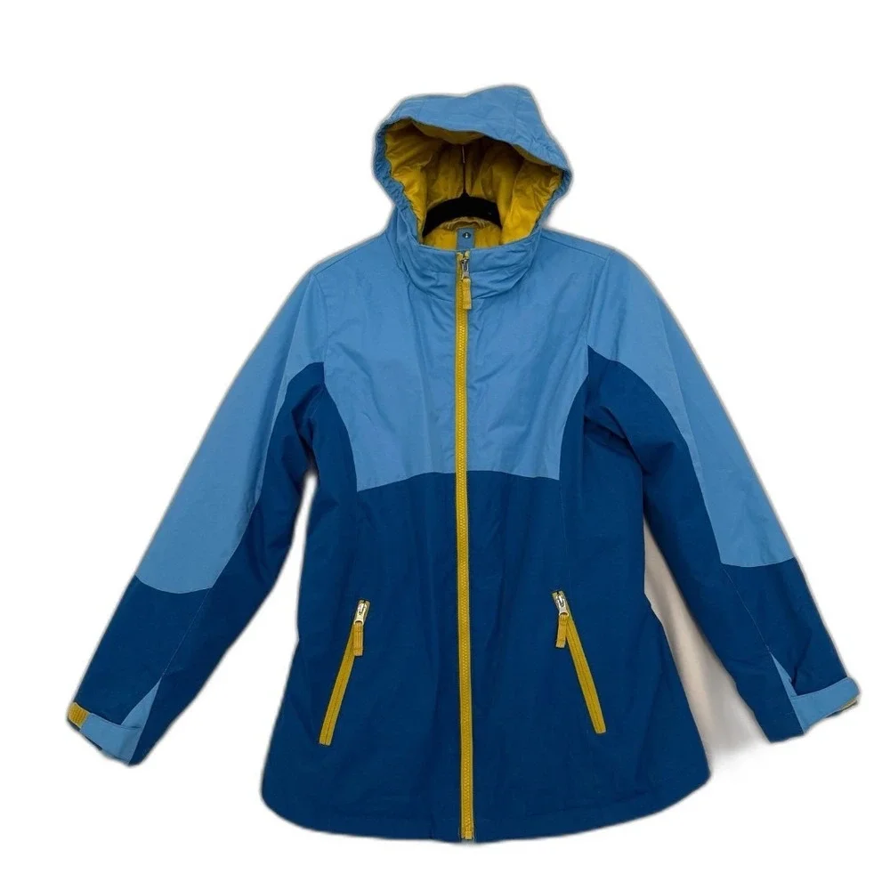 Lands' End Waterproof Jacket Kids XL 16 Blue Yellow Color-Block Hooded Insulated